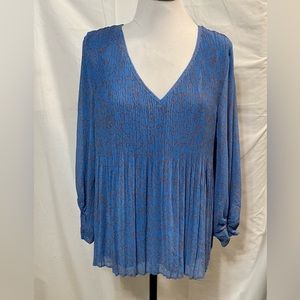 Nine West Blue & Copper Sheer Lined V-Neck Top